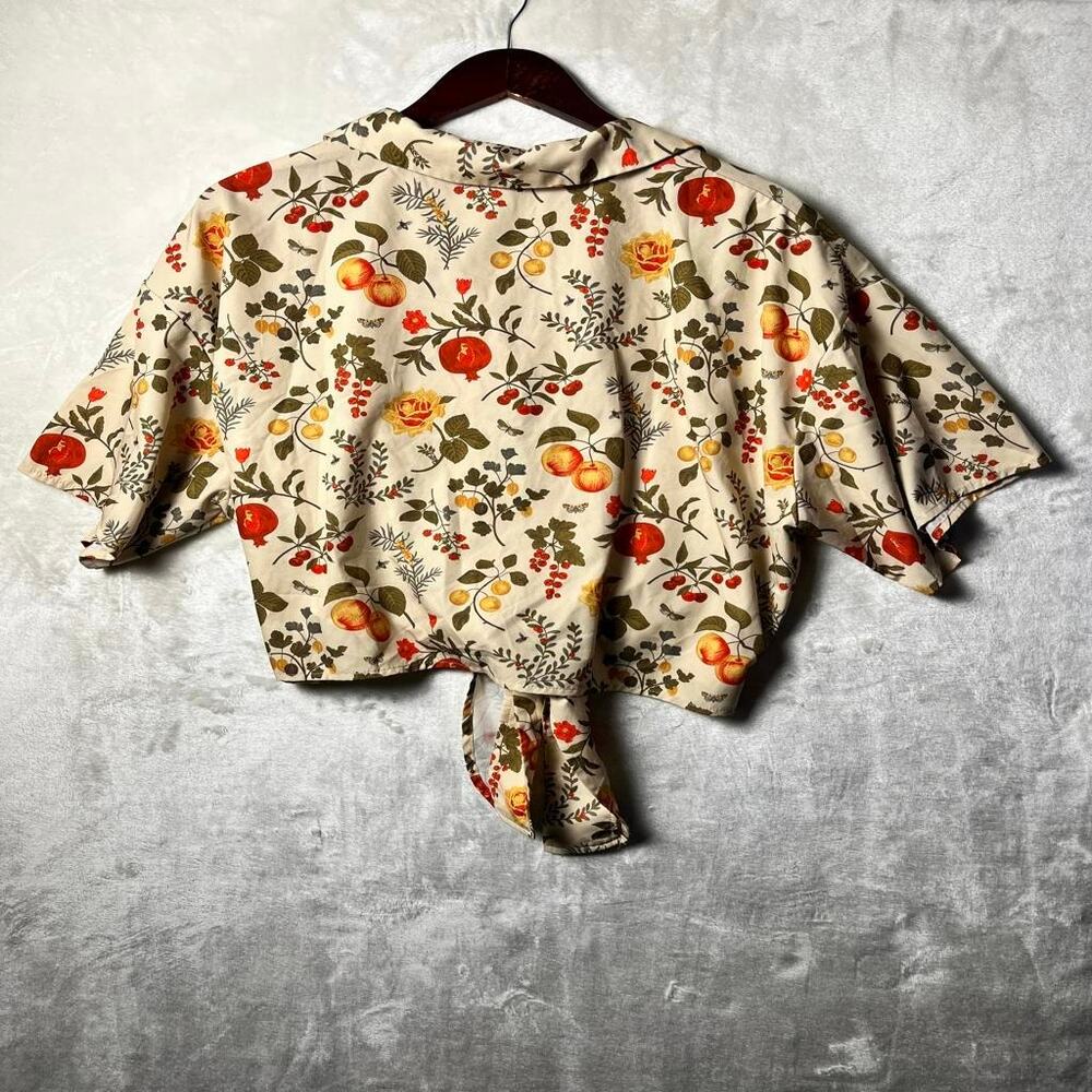 Cider Silken Cottage Front Knot Blouse Women's XL Flowers Fruits Natural Beige - Picture 4 of 7